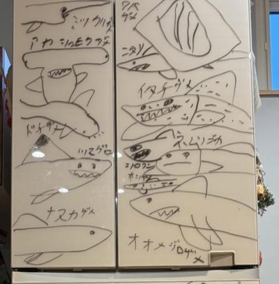 母が寝込んでいる間に冷蔵庫が“サメだらけ”に…8歳息子が描いたアート「どうにかして永久保存出来ないものか」
